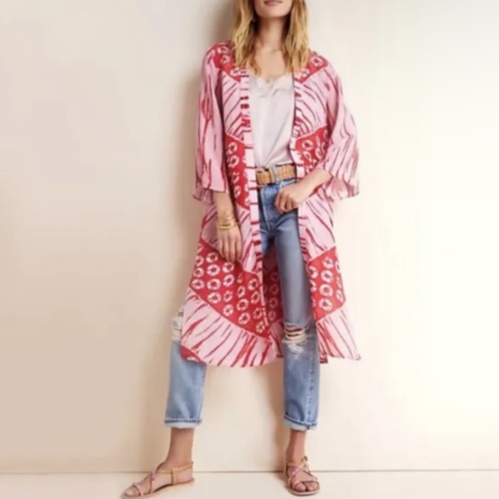 Pink & Red Printed Long Kimono Jacket